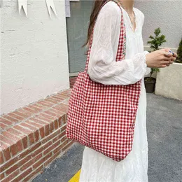 Torby na zakupy Koreański styl pastoralny worek na ramię, miękka torba na tkaniny bawełnianej dostępny po obu stronach, szachy kwiatowe, 220310