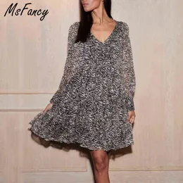 Msfcancy leopardo chiffon mini vestido mulheres mola manga longa v-pescoço solto vestidos de mujer casual 2022 moda plus tamanho robe g1214