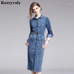 Autumn Bag Hip Cable Lock Pencil Denim Dress Zomerjurk Dames 2021 Long Sleeve Retro Jeans Midi Women Jurken K2181 Casual Dresses