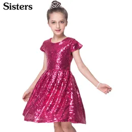 Sisrers Ins Moda Girls Dress Cekiny Krótki Rękaw Sukienka Party Sukienka Błyszczy Księżniczka Boutique Odzież Złota Rose Red Q0716