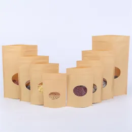 100pcs/lot Kraft Paper Bags Stand Up Reusable Sealing Food Pouches with Window for Storing Cookie Dried Food