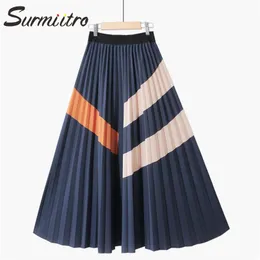 Surmiitro Midi Longa Saia Plissada Mulheres Moda Outono Inverno Estilo Coreano Patchwork Cintura Alta Cintura Meados da Saia 211120