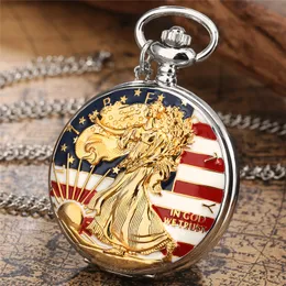 Steampunk Statue of Liberty Pattern Pocket Watch Arabic Numeral Display Quartz Analog Watches Full Hunter Clock Necklace Chain Souvenir