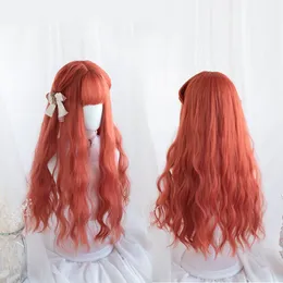 Synthetic Wigs MEIFAN Lolita Cosplay Anime Long Wavy Curly Orange Red Wig With Bangs Halloween Party