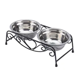 1 Set Pet Dog Bowl Feeder Double Stainless Steel Cat Dog Eating Bowl Stander High Quality Pet Food Water Bowl Iron Stand Y200922