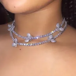 Iced Out łańcuchy tenisowe motyle naszyjniki 6mm Bling Rhinestone Hip Hop biżuteria srebrny złoty różowy moda kobiety obroża zwierzęca naszyjnik prezenty