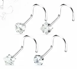 50pcs/Lot Popular CZ Stud Screw Surgical Steel Ring Nose Piercing Shine Heart/Square/Round/Star 20G