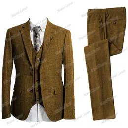 Herrenanzüge Blazer Winter Formale Twedd Wolle Männer für Hochzeit Smoking Dicke braune gekerbte Laple Jacke + Weste + Hosen Bräutigam Tragen Trajes de Hombr