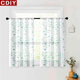 CDIY Folhas Bordadas Curta Cortina para Cozinha Sala de estar Tule Janela Sheer Voile Drapeamento Tratamento Triagem 210712