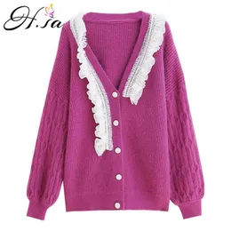 H.SA winter clothes women Lace Stitch Sweater and Cardigans Candy Color Purple Long Ovcersized Knitwear cardigan mujer 210716