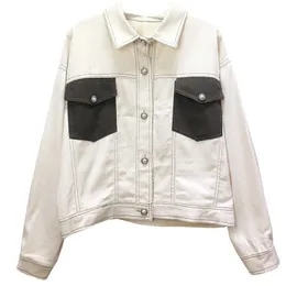 PERHAPS U Women Beige Denim Jacket Hit Color Pocket Long Sleeves Turn Down Collar Jean Coat C0175 210529