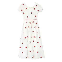 PERHAPS U White V-neck Strawberry Embroidery Puff Short Sleeve Empire Long Dress Empire Sweet Summer Beach Holiday D2433 210529