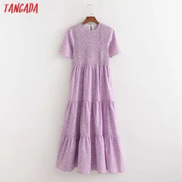Tangada Sommer Frauen Lila Blumen Drucken Französisch Stil Langes Kleid Puff Kurzarm Damen Sommerkleid 1D245 210609