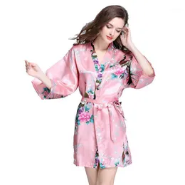 Women's Sleepwear Brand Designer Female Printed Floral Kimono Dress Gown Silk Satin Wedding Robe Nightgown Flower S M L XL XXL XXXL D125-09