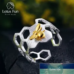 Lotus Fun Real 925 스털링 실버 18K 골드 꿀벌 반지 자연 디자이너 고급 보석 홈 가드 허니 콤 여성용 공장 가격 전문가 디자인 품질