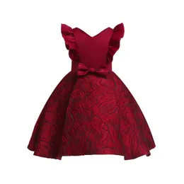 2-9Y Kids Girls Princess Dress Christmas Toddler Jacquard Fly Sleeve V-neck Zipper Dress with Bow Xmas Party Infant Prom Clothes G1026