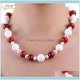 Chains Necklaces & Pendants Jewelrychains Jyx 7X9Mm White Round Freshwater Pearl With Red Gemstone And Natural Tridaonidae Necklace Jewelry