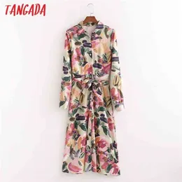 Tangada Springファッションヴィンテージの女性プリントシャツのドレス長袖のオフィスレディースミディ1D81 210623