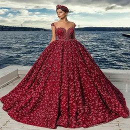 Luksusowe Czerwone Suknie Ślubne Kwiat Kryształ Koraliki Połowy Linia Princess Robes De Mariée Luksusowe Arabskie Dubai Custom Made Suknie Ślubne