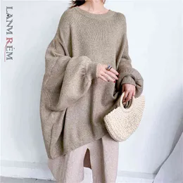 LANMREM 2021 Autumn New Fashion Solid Color Round Neck Pullover Bat Sleeve Long Knit Sweater Women PB615 Y1110