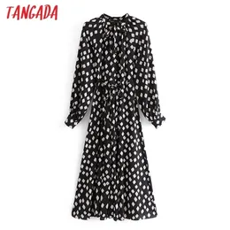 Tangada 2021 봄 패션 여성 기하학 인쇄 나비 넥타이 셔츠 드레스 슬래시와 긴 소매 사무실 숙녀 미디 드레스 3A61 210316