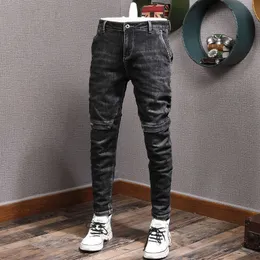 Street Style Moda Mężczyźni Dżinsy Czarny Kolor Elastyczna Slim Fit Splited Designer Biker Duże Kieszeń Hip Hop Denim Spodnie