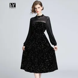 Ly Varey Lin mujeres vintage terciopelo vestido largo elegante o cuello linterna manga negro fiesta tul patchwork delgado retro vestidos 210526