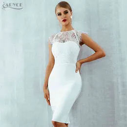 Adyce 여름 여성 흰색 레이스 붕대 드레스 섹시한 검은 색 짧은 소매 미디 중공 아웃 클럽 연예인 저녁 파티 210623