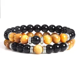 2pcs/set Men Tiger Eye Beads Bracelets Fashion Natural Stone Black Onyx Strand Bracelet & Bangle for Women Yoga Jewelry pulseira