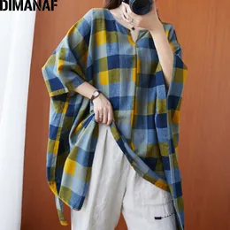 DIMANAF Plus Size Women Blouse Shirt Cotton Big Size Casual Lady Tops Tunic Print Plaid Loose Female Clothing Batwing Sleeve 5XL 210225