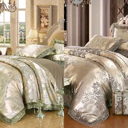 Luxury Jacquard постельное белье King Queen Size 4 / 6шт постельное белье шелковое хлопковое одеяло Крышка кружева атласная кровать простыня набор наволочки C0223