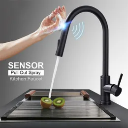 Küchenarmaturen Edelstahl Pull Out Kitchen Sink Wasserhahn Home Smart Induktion Mischbatterie Sensor Touch Control Waschbecken Wasserhahn 210719