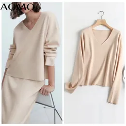 Aomo Frauen Hohe Qualität Eleganter übergroßer gestrickter Pullover Jumper V-Ausschnitt Weibliche Pullover Chic-Tops 4C26A 211011