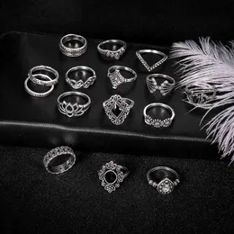 Bohemian Ancient Silver Lotus Female Cool Ring Rings Ensemble de 15 pièces pour femmes