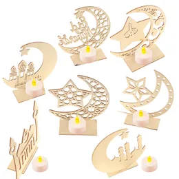 Trä måne form ornament DIY skrivbord dekoration muslim ramadan dekor hem dekoration med LED hamp rep set