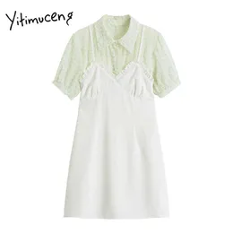 Yitimuceng Gefälschte 2 Stück Blumendruck Kleider Frauen Sommer Böhmen Hohe Taille Puff Sleeve A-Line Mode Süße Kleid 210601