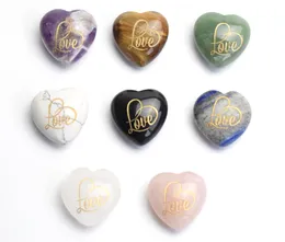 Small Size Natural Chakra Stones Carved Crystal Reiki Healing Cute Heart Shaped Stone Engraved "Love" Letteres