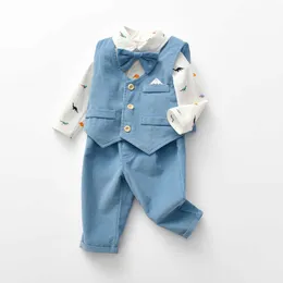 Baby Boys Kläder Ställ Gentleman Toddler Formell Outfits Barn Baptism Kläder Bomull Spädbarn Långärmad T-shirt + Väst + Byxor 210615