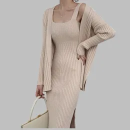 Luxury high quality Suspender Vest Dress + women Cardigan 2pcs Suits winter Office Ladies Elegant Knitting Clothing Sets