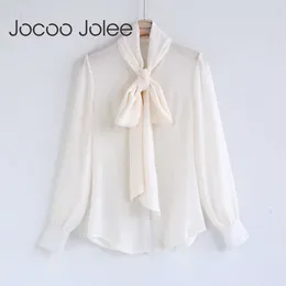 Jocoo Jolee أزياء الشيفون المرأة بلوزة طويلة الأكمام عارضة القوس التعادل العميق الخامس الرقبة الدانتيل يصل قمم قميص المؤنث كيمونو 210619