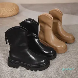 Botas de outono das mulheres traseiras traseiras zip sapatos botas-mulheres zipper rodada dedo do pé de inverno calçado de borracha lolita couro rock low senhoras 2021 mid