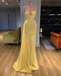 Robes de bal sirène à paillettes jaunes Robe de soirée chérie perlée Balayage Train Party Deuxième robes de réception