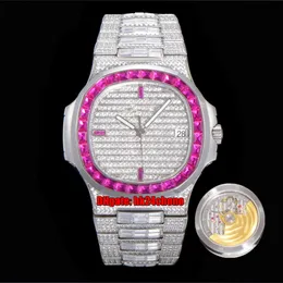 TWF Toppkvalitetsklockor 40mm Nautilus Full Iced Out Custom Ruby Diamonds Set 5711 Cal.324 Automatic Mens Watch Pavé Diamond Dial Bracelet Gents Sports Wristwatches