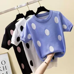 Shintimes Polka Dot T Shirt Kvinnor Tshirt Stickad Bomull Sommar Casual T-Korea Kläder Tee Femme Camisetas Mujer 210615