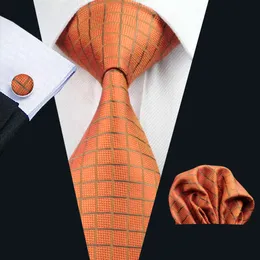 Classic Plaid Orange Mens Ties Pocket Square Cufflinks Set Jacquard Woven Neck Tie Set Silk Mens Set Business Work Formal N-0464