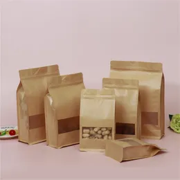 Kraft står upp påsar Återanvändbar Kraft Paper Packing Bag med fönster Värme Tätbar Tea Food Storage Bag