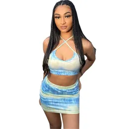 Summer Two Piece Outfits Women Skirts Black Girl Bandage Tie Dye Crop Top Tee Bodycon Sexy Dress Evening Party Club Wear 210525