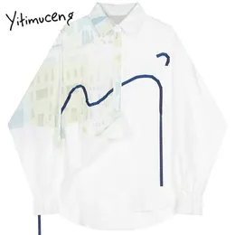 Yitimuceng Camicetta con stampa Camicie da donna Solido allentato Bianco Primavera Moda Manica lunga Monopetto Casual Top 210601