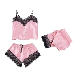 Casual Women Pajamas Set Fashion Lace Lingerie V-neck Bowknot Top Shorts Camisole Koronkowa Pizama 2020 New Drop Shipping YE X0526