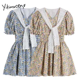 Yitimuceng Geraffte Kleider Frauen Sommer mit Schal Puff Hülse Hohe Taille A-Line Blau Gelb Sommerkleid Koreanische Mode 210601